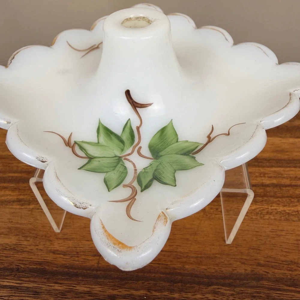 Vintage Milk Glass Hurricane Lamp Base Scalloped Square Ivy Leaf Gold Trim 7in